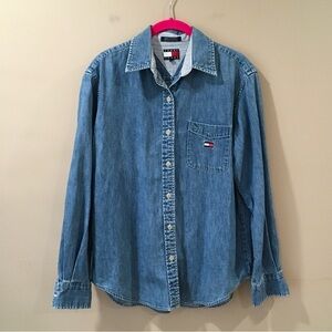 Tommy Hilfiger Shirt women 8 Blue Denim Collared Jeans Faded Vintage Logo Womens